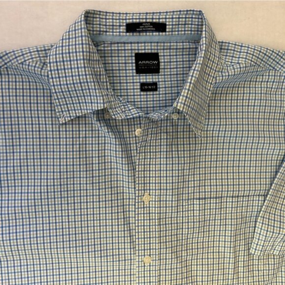 Arrow poplin mens cotton button up short sleeve plaid shirt Sz-16-16-1/2 L. W16 - Picture 7 of 9
